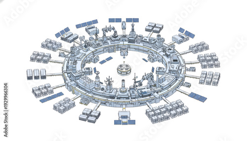 Complex circular diagram with various industrial and technological elements.