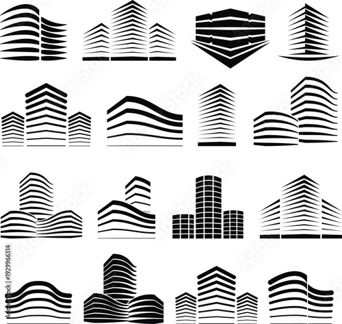 Creative collection of 16 abstract building silhouettes featuring flowing horizontal lines and dynamic architectural curves for modern corporate identity.