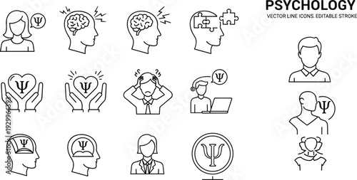 Vector line icons for professional psychology counseling mental health therapy sessions psychiatric analysis and behavioral science symbols