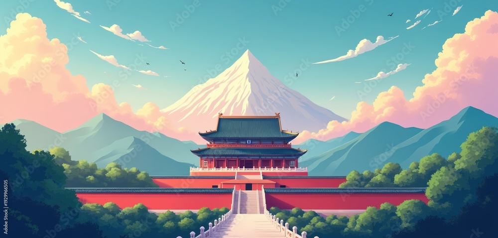 Naklejka premium Ancient Chinese palace complex sits majestically beneath snow-capped mountains, surrounded by rich green trees, vibrant red walls. Colorful clouds fill serene blue sky above tranquil, picturesque