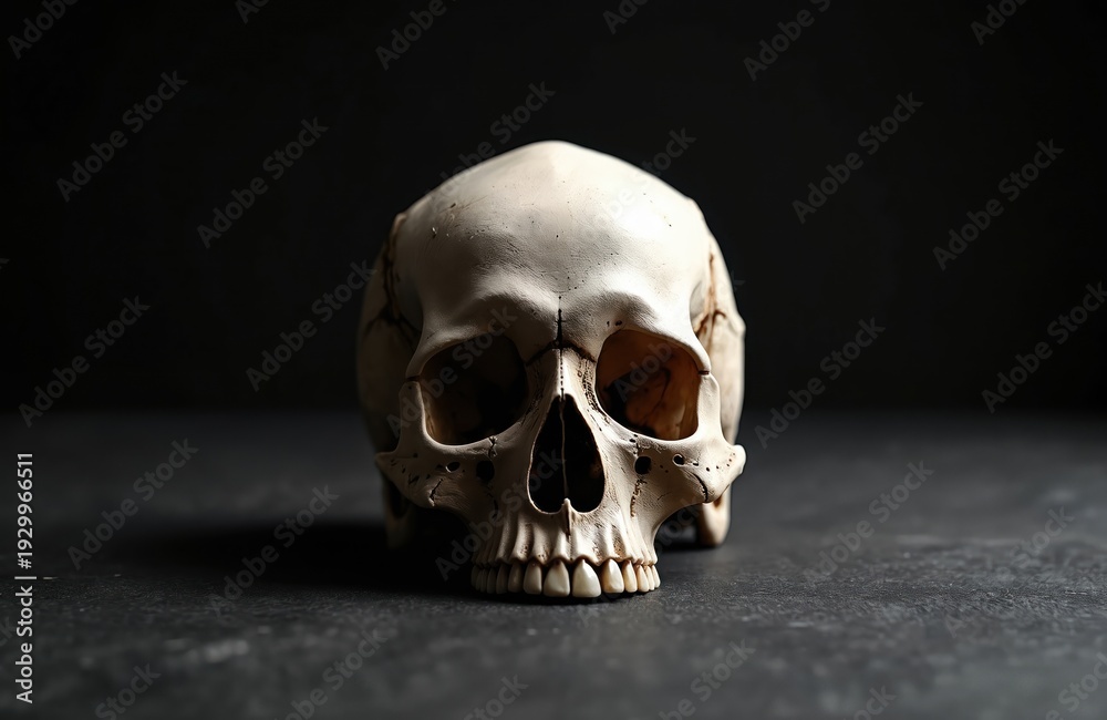 Fototapeta premium Human skull rests on dark textured surface. Bone head features empty eye sockets, nasal cavity, and teeth. Isolated subject implies mortality or anatomy study.