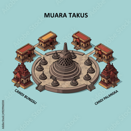 Muara Takus Temple Complex Isometric Illustration.