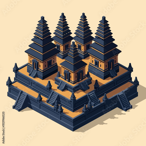 Isometric illustration of a traditional temple complex with multiple structures and towers.
