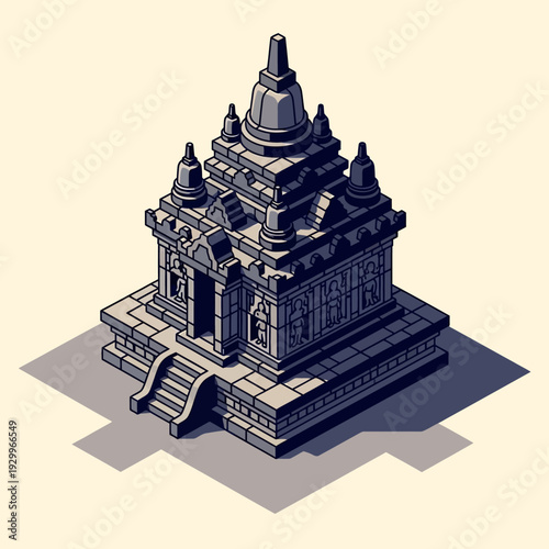 Isometric illustration of an ancient temple with intricate architecture and stepped pyramid design.