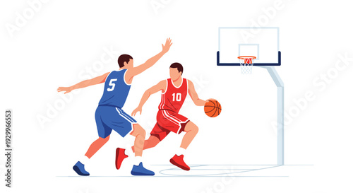 A basketball player in a red jersey dribbles the ball while a defender in a blue jersey attempts to block him near a hoop.