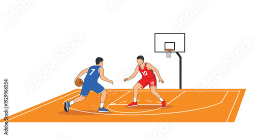 Two male basketball players in blue and red uniforms compete on an orange court with a white backboard and hoop in a minimalist setting.