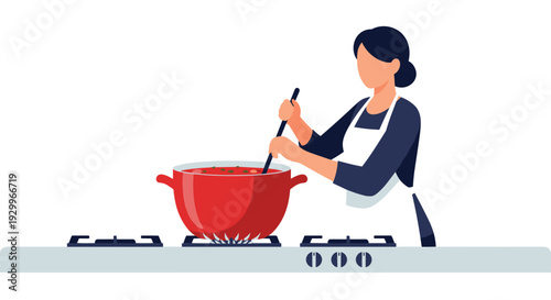 A woman wearing a white apron and navy shirt stirs a large red pot of soup on a grey gas stove against a white background.