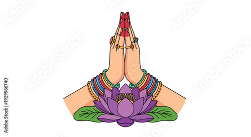 Two hands decorated with rings and colorful bangles are held together in a prayer gesture above a large purple lotus flower with green leaves.