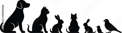 Black silhouettes of domestic pets including a sitting dog, cats, rabbits, a bird, and a chick, isolated vector collection for animal care and veterinary designs.