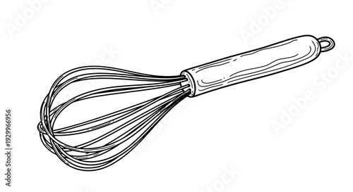 A simple black and white illustration of a kitchen whisk with its wire loops extended
