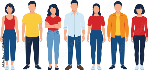 Diverse Group of Young Adults Standing Together, Casual Attire, Friendly People Representing Unity and Social Connection in Modern Flat Illustration Style