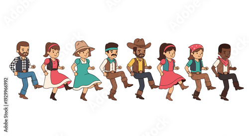 A group of eight diverse people in western cowboy and cowgirl outfits performing a synchronized line dance in a horizontal row together.