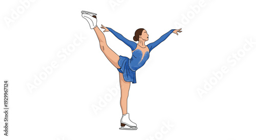 A female figure skater in a sparkling blue leotard performing a high leg extension while balancing on one skate on a plain white background.
