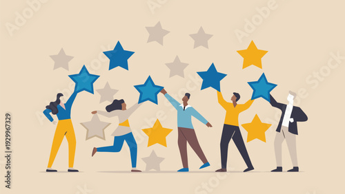 Vector illustration of 5 people celebrating with colorful stars