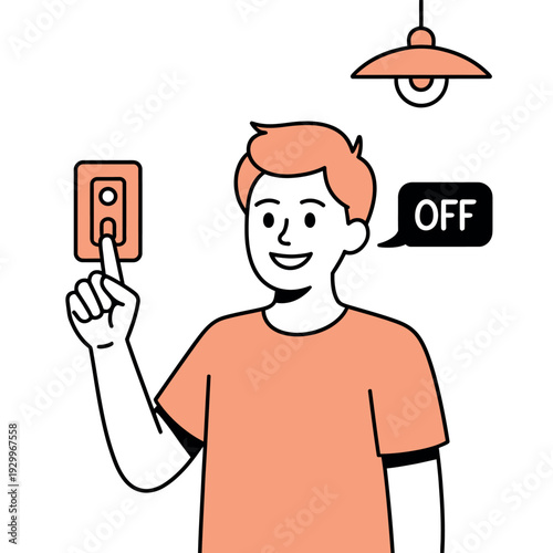 A smiling man turning off a light switch with a speech bubble saying off