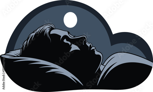 Man sleeping peacefully in bed under a moonlit night sky dream