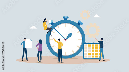 Vector illustration of people working with clock and calendar
