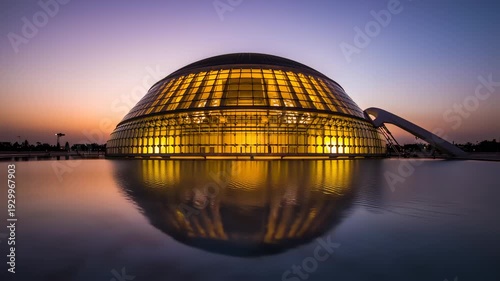 Wallpaper Mural A modern, illuminated dome-shaped building is reflected in calm water at dusk Torontodigital.ca