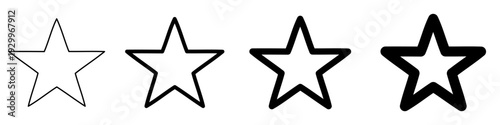 A row of four five-pointed stars with different outline thicknesses and fills. Minimalist vector illustration showing rating stages or graphic styles.