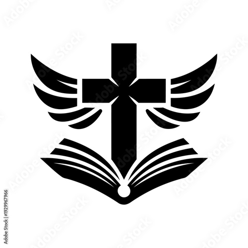 Black silhouette emblem combining a Christian cross, outstretched wings, and an open book. Vector illustration symbolizes spiritual education, faith, and the holy scripture.