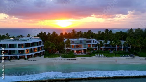 Wallpaper Mural Coastal luxury resort bathed in a stunning sunset, tropical setting. White buildings overlook the ocean Torontodigital.ca