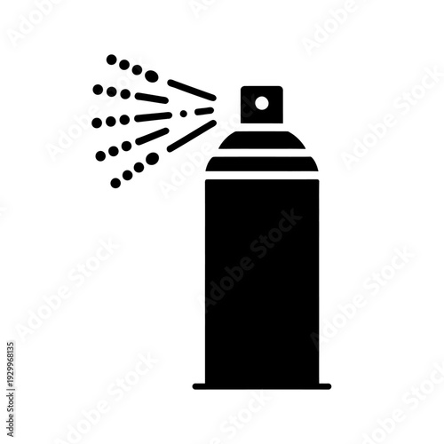 Black silhouette icon of an aerosol can in the process of spraying. Concise vector illustration symbolizing spray paint, deodorant, antiseptic, or household chemicals.