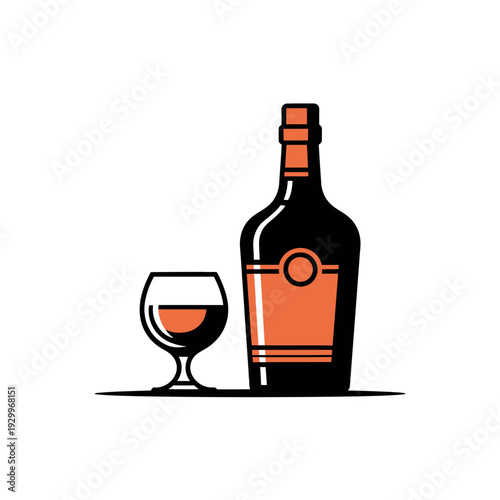 A bottle of wine and a glass of red wine on a white background