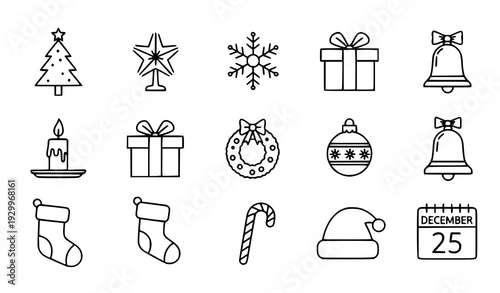 Christmas holiday outline icons set with traditional winter symbols vector illustration