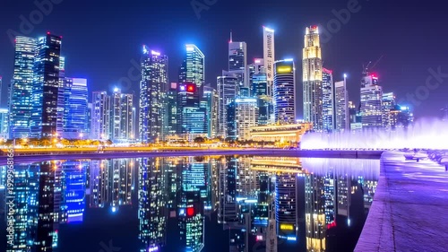 Wallpaper Mural Illuminated cityscape at night, reflected in calm water, with a fountain display Torontodigital.ca