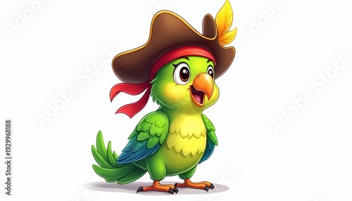 Cute cartoon parrot wearing pirate hat and red bandana. This smiling green bird has yellow feather accent and orange beak. Character illustration on white background.