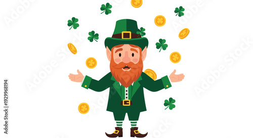 A cartoon leprechaun with a red beard and green suit juggles gold coins and green shamrocks against a plain white background.