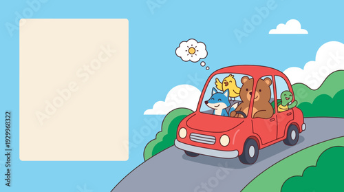 Cute animals driving a red car on a scenic road trip with dreams of sunshine