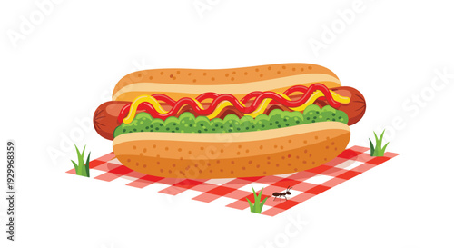 A large hot dog with relish mustard and ketchup sits on a red and white checkered picnic blanket with small grass tufts and an ant.