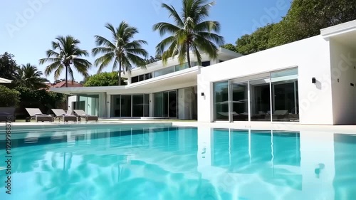 Wallpaper Mural Luxurious, modern white villa with palm trees, a pool, and sun loungers Torontodigital.ca