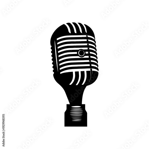 Black silhouette icon of a classic retro microphone on a stand with a characteristic metal grille. A concise vector illustration symbolizing broadcasting, podcasts, vocals, or live music.