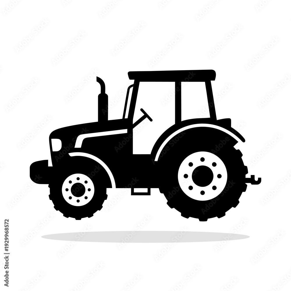 Obraz premium Black silhouette icon of an agricultural tractor with an exhaust pipe and large wheels. A vector illustration symbolizing farming, the agricultural industry, and heavy machinery.