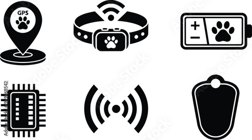 Set of black and white pet tracking icons including GPS location pin with paw print, smart collar, battery level, microchip, and wireless signal symbols.