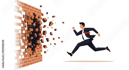 A businessman wearing a dark suit and red tie runs through a breaking brown brick wall with flying debris on a white background.