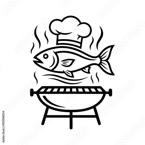 Linear icon of a fish in a chef's hat cooking on a grill. A vector illustration symbolizing barbecue, fish cuisine, and culinary mastery.