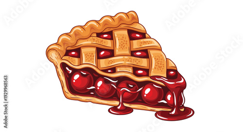 A slice of lattice top cherry pie with golden brown crust and dripping red fruit sauce is shown against a white background.