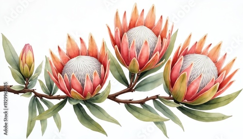 Watercolor painting of three large king protea flowers with green leaves on branch. Small bud visible on left side of illustration. Artwork features soft, artistic style with vibrant colors,