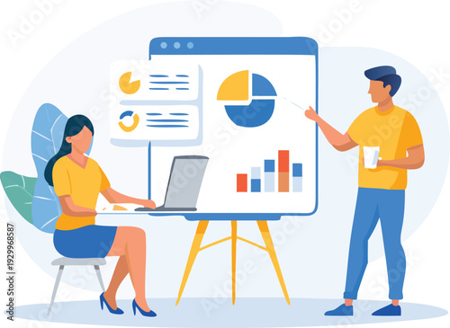 Vector illustration of business people analyzing data on whiteboard and laptop
