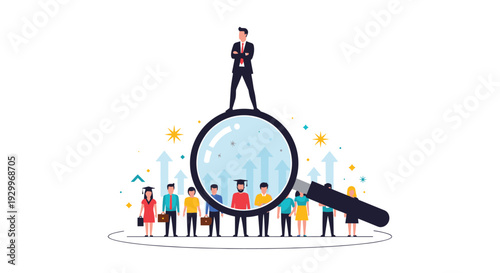 A businessman stands on top of a large magnifying glass that focuses on a graduate within a line of diverse people on a white background.