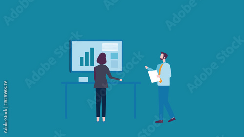 Vector illustration of two people discussing data on a computer