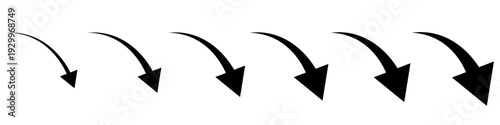 A set of six black curved arrows pointing down. Minimalist vector illustration for indicating descent, fall, or moving to the bottom of a page.