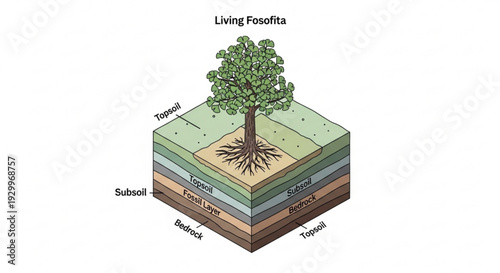 Tree with labeled soil layers and roots educational diagram for ecology and botany studies