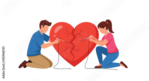 A man and a woman kneel while using oversized needles and black thread to stitch together a large cracked red heart on a white background.