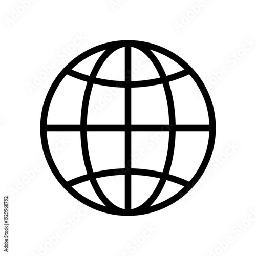 Outline icon of a globe with a clear grid of meridians and parallels on a white background. Minimalist vector illustration symbolizing globality, cartography, and connection.
