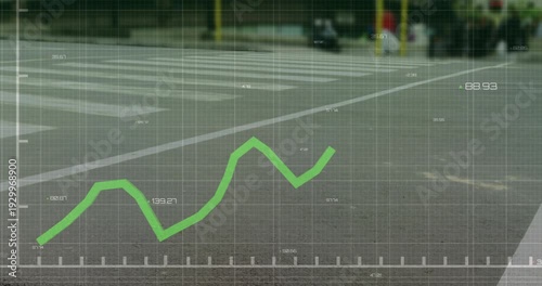 Grid overlay appearing, pedestrians' feet crossing while green waveform tracking foot traffic flow