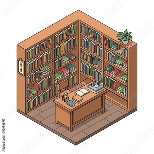 Isometric illustration of a modern office study with bookshelves and desk.